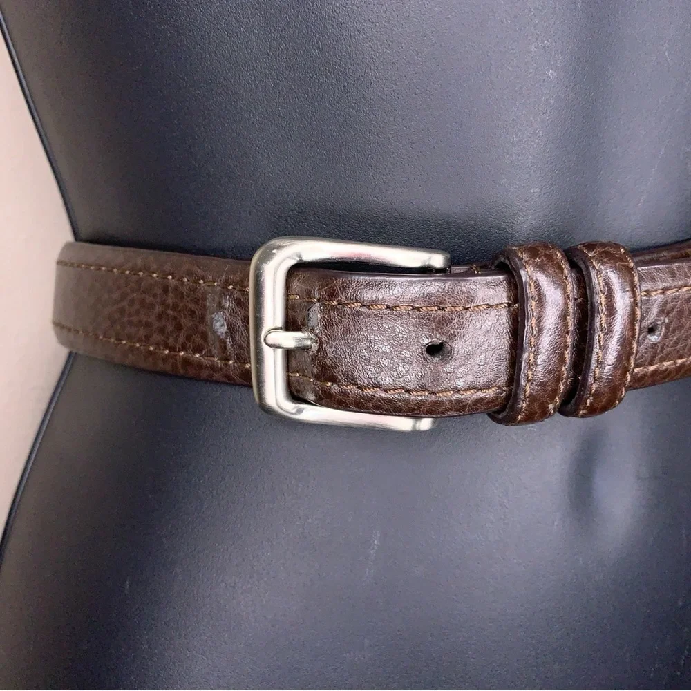 Size 36 Brown Leather Bonded Belt Classic Mens Silver Buckle Pebbled Leather